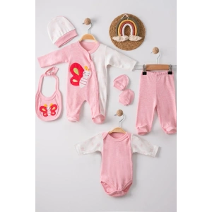 Kelebek Nakışlı Tulumlu % 100 Pamuk Kız Bebek 5li Set