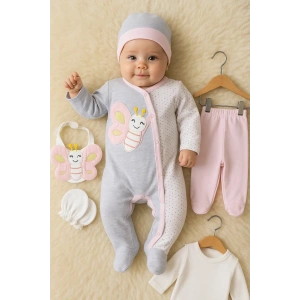 Kelebek Nakışlı Tulumlu % 100 Pamuk Kız Bebek 5li Set