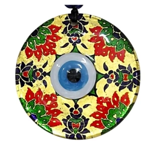Kırmızı Çiçekli Nazar Boncuklu Altın Rengi Füzyon Cam 12 Cm Duvar Süsü