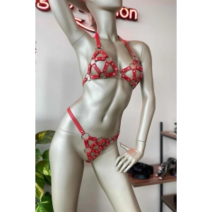 Kırmızı Deri Sütyen Takım Deri İç Giyim