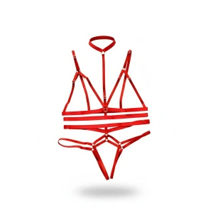 Kırmızı Harness Takım Boyun Bağlı Halka Detaylı Vücut Kafesi - Brf144