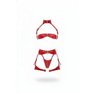 Kırmızı Jartiyer Harness Parlak Deri Fermuarlı Takım - Brf1373