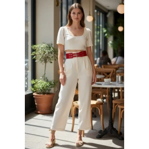 Kırmızı Kadın Kemer Çift Tokalı Geniş Bel Aksesuarı - Brf1203