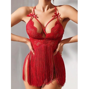 Kırmızı Püsküllü Dantel Detaylı Fantezi Gecelik