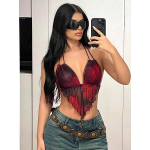 Kırmızı Siyah Desenli İnce Askılı Üçgen Kesim Crop