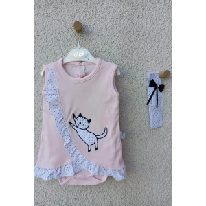 Kız Bebek Pembe Kedili Fırfırlı Bandanalı Badi