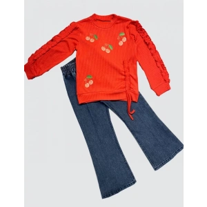 Kot Pantolonlu Kiraz Desenli Penye Sweat Uzun Kollu 2li Kız Çocuk Takımı Kırmızı