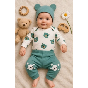 Kulaklı Ayıcık % 100 Pamuk 3lü Erkek Bebek Takım