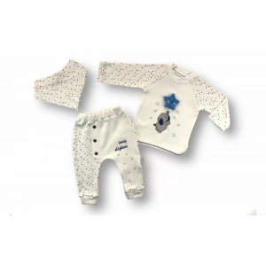 Kutup Yıldızı Nakışlı Bandajlı Uzun Kollu Sweat 3lü Erkek Bebek Takımı Ekru