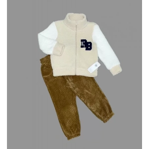 Kuzu Kumaş Fermuarlı Sweat Kadife Pantolonlu Uzun Kollu Kız Erkek Çocuk 2li Takım Bej