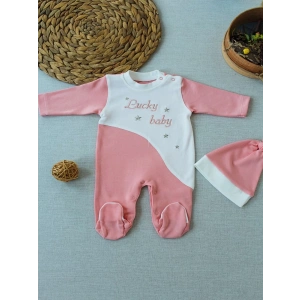 Lucky Baby Nakışlı Es Çizgi Boy Şapkalı Kız Bebek Tulumu Pudra