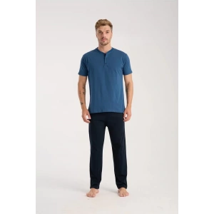 Moda Erkek İndigo Düğmeli Yaka Kısa Kol Pijama Takımı