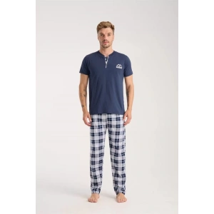 Moda Erkek Lacivert Düğmeli Yaka Kısa Kol Pijama Takımı