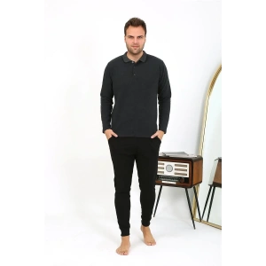 Moda Erkek Polo Yaka Uzun Kol Penye Pijama Takımı Antrasit