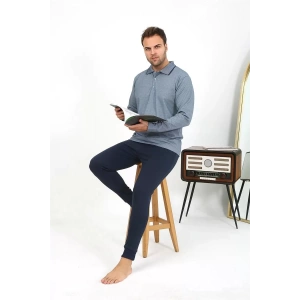 Moda Erkek Polo Yaka Uzun Kol Penye Pijama Takımı Gri