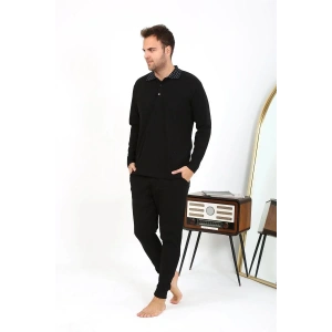 Moda Erkek Polo Yaka Uzun Kol Penye Pijama Takımı Siyah