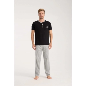 Moda Erkek Siyah Düğmeli Yaka Kısa Kol Pijama Takımı