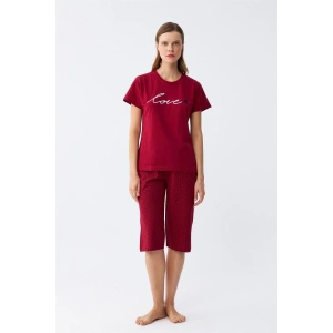 Moda Kadın Bordo Kalp Desenli Kapri Pijama Takımı