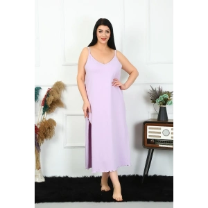 Moda Kadın Büyük Beden İp Askılı Pamuklu Lila Uzun Gecelik