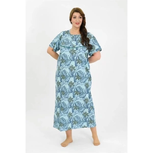 Moda Kadın Büyük Beden Kısa Kol Mavi Anne Gecelik