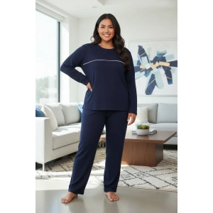 Moda Kadın Büyük Beden Lacivert Uzun Kollu Pijama Takımı Şerit Detaylı Rahat Ev Giyim Seti