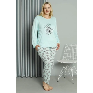 Moda Kadın Büyük Beden Penye Uzun Kol Pijama Takım Su Yeşili