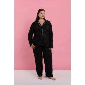 Moda Kadın Büyük Beden Siyah Kırmızı Çiçekli Düğmeli Pijama Takımı