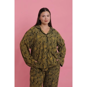 Moda Kadın Büyük Beden Tropikal Yaprak Desenli Düğmeli Pijama Takımı