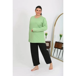 Moda Kadın Büyük Beden Uzun Kol Penye Pijama Takımı Fıstık Yeşili