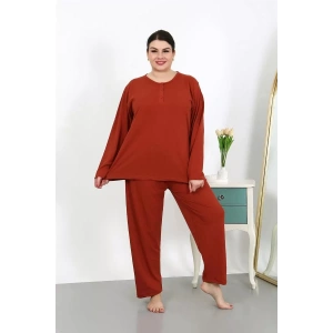 Moda Kadın Büyük Beden Uzun Kol Penye Pijama Takımı Kiremit