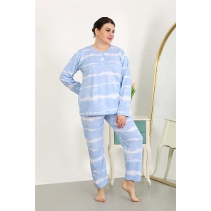Moda Kadın Büyük Beden Uzun Kol Penye Pijama Takımı Mavi