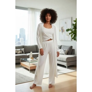 Moda Kadın Ekru Yumuşak Dokulu Dökümlü Uzun Kimono Şık ve Rahat Ev Giyim