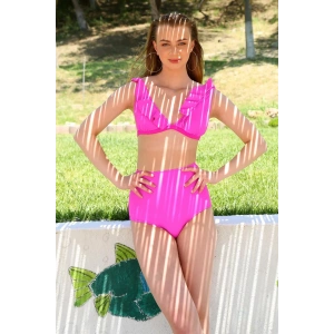 Moda Kadın Fırfırlı Yüksek Bel Fuşya Bikini