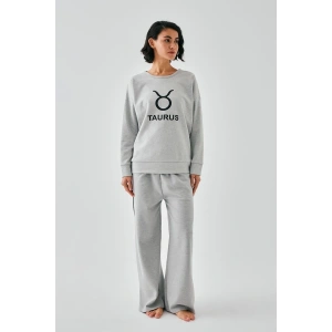 Moda Kadın Gri Boğa Burcu Oversize 2 İplik Eşofman Ev Giyim Takımı