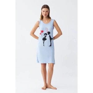 Moda Kadın Kalın Askılı Penye Diz Üstü Mavi Gecelik