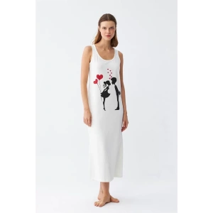 Moda Kadın Kalın Askılı Penye Uzun Ekru Gecelik