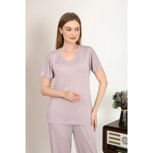 Moda Kadın Kısa Kol Pamuk Penye Pijama Takım Pudra