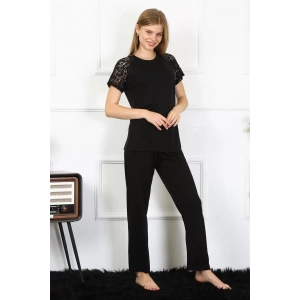 Moda Kadın Kolu Dantelli Penye Pijama Takım Siyah