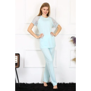 Moda Kadın Kolu Dantelli Penye Pijama Takım Su Yeşili