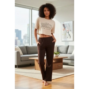 Moda Kadın Kum Kahve Baskılı Crop T-Shirt ve Pantolon Takım Rahat Günlük Kombin