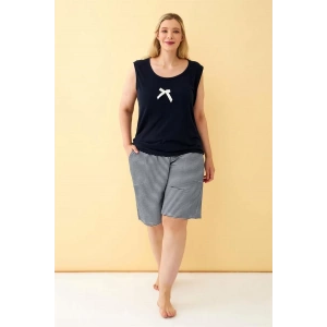 Moda Kadın Lacivert Kurdele Detaylı Şortlu Büyük Beden Pijama Takımı