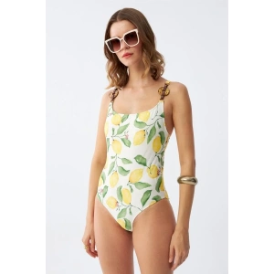 Moda Kadın Limon Desenli Aksesuar Askılı Tek Parça Mayo – Ekru