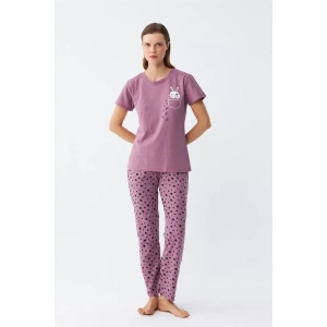 Moda Kadın Mor Patili Tavşan Baskılı Cepli Pijama Takımı