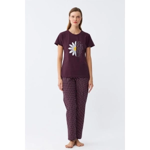 Moda Kadın Mürdüm Papatya Baskılı Kısa Kollu Penye Pijama Takımı