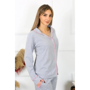 Moda Kadın Pamuk Penye Önden Düğmeli Uzun Kol Gri Pijama Takım