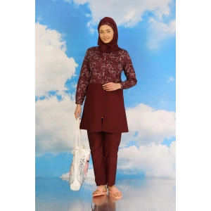 Moda Kadın Pantolonlu Desenli Tam Tesettür Mayo Bordo