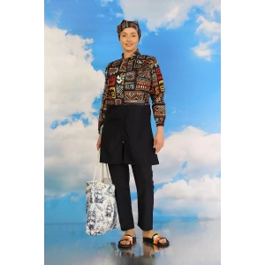 Moda Kadın Pantolonlu Desenli Tam Tesettür Mayo Lacivert