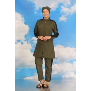 Moda Kadın Pantolonlu Kolu Şeritli Tam Tesettür Mayo Haki