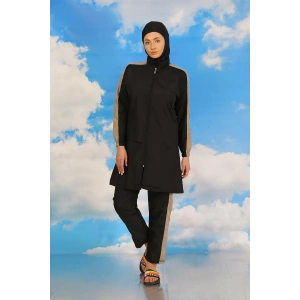 Moda Kadın Pantolonlu Kolu Şeritli Tam Tesettür Mayo Siyah