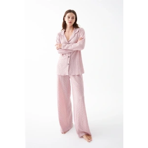 Moda Kadın Pembe Önden Düğmeli Rahat Kesim Pijama Takımı – Günlük Ev Giyim Seti